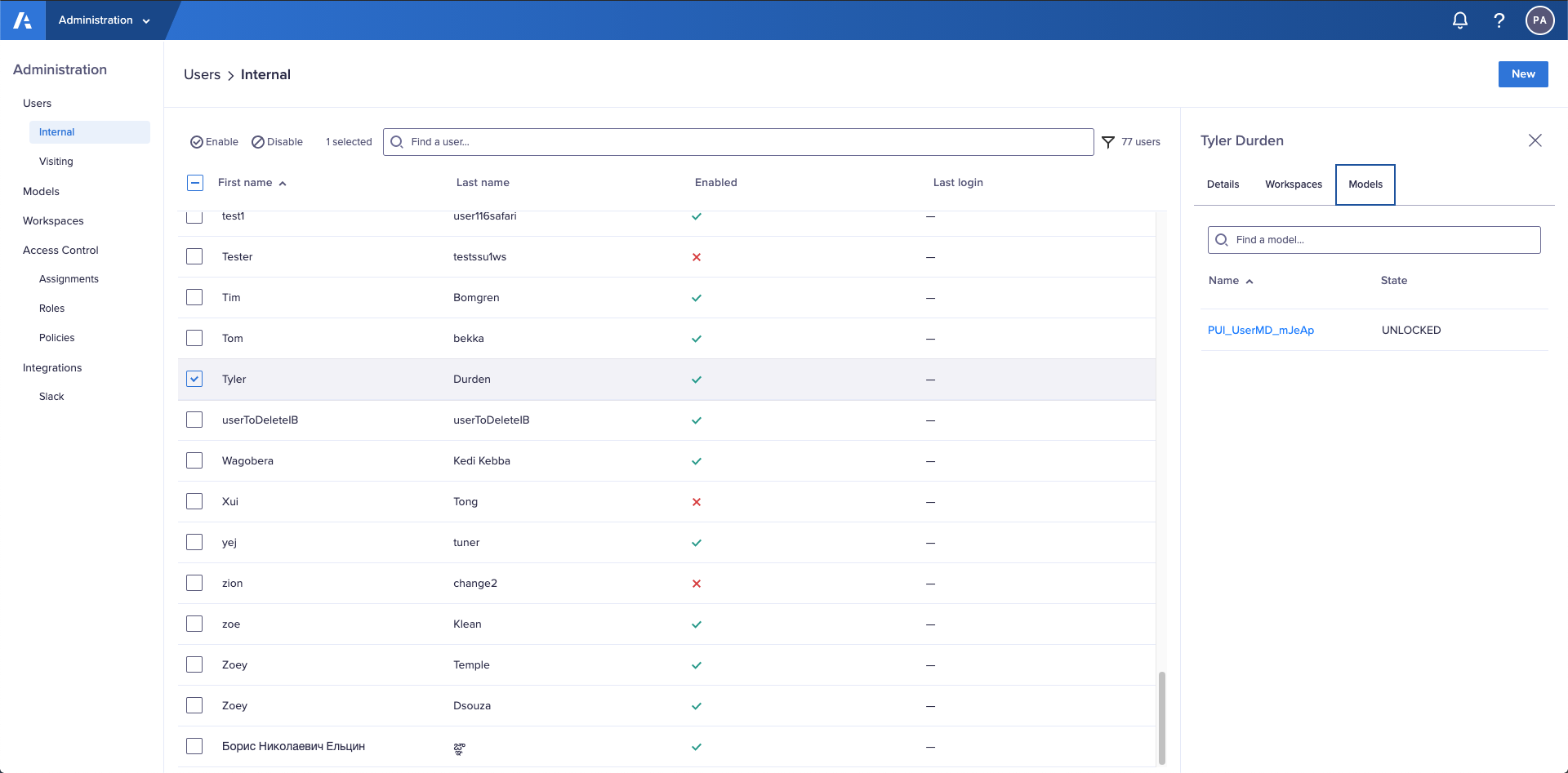 The Models tab in the Users interface. This displays a list of models to which the user account has access. A search box displays above the list.