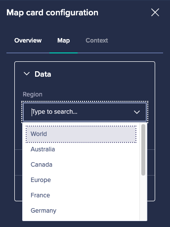 Map card configuration with the available regions displayed in the dropdown