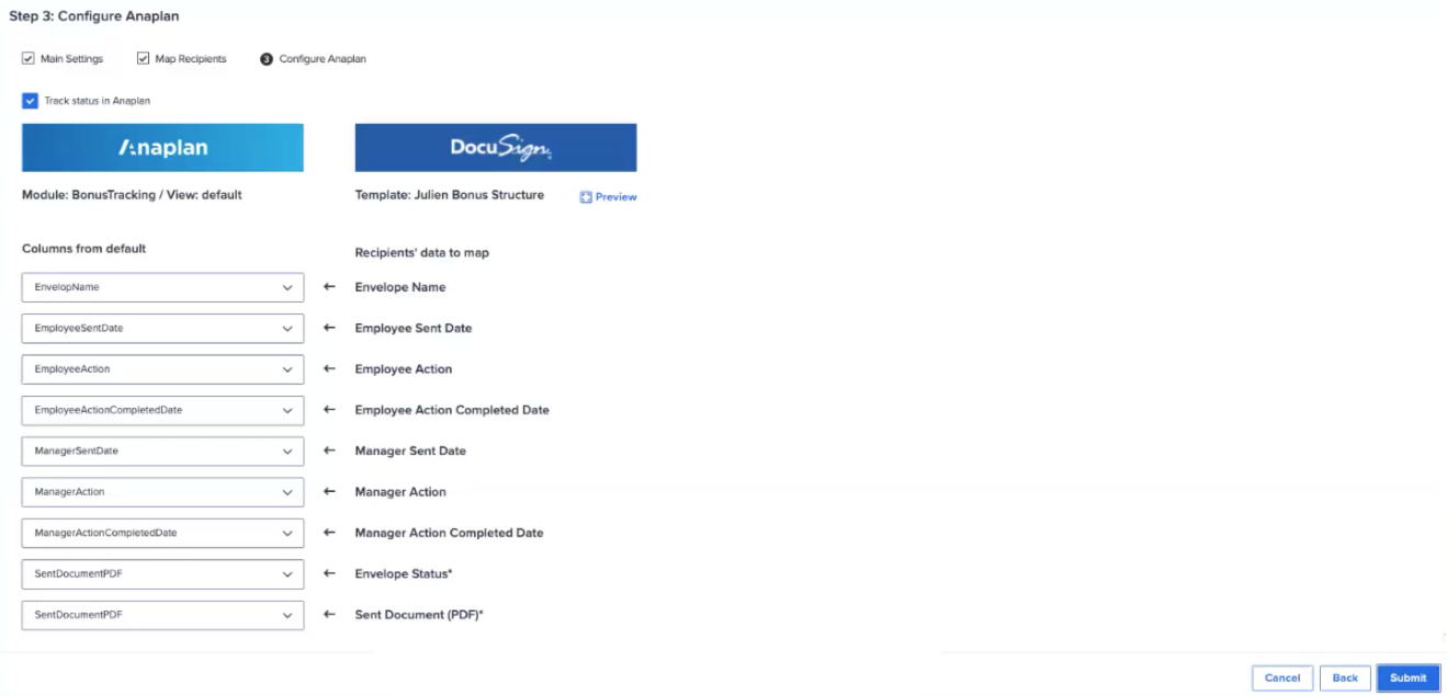 Step 3 Configure Anaplan dialog with Track status in Anaplan selected.