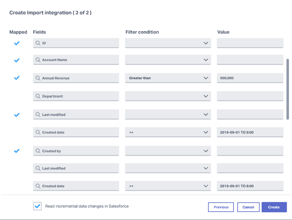 インポート フィールド マッピングのダイアログ。三つの列の名前はそれぞれ [Fields]、[Filter condition]、[Value] です。