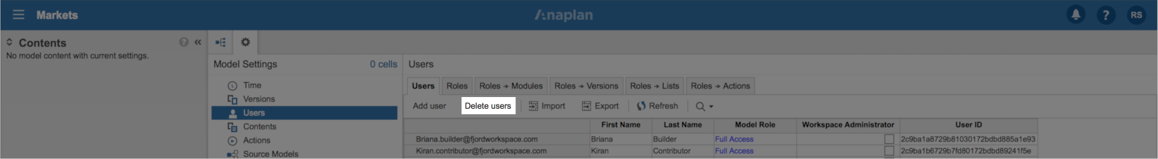 The Users pane, with the Delete users button highlighted in the toolbar.