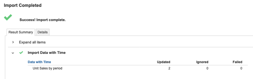 Screenshot showing a successful import message.