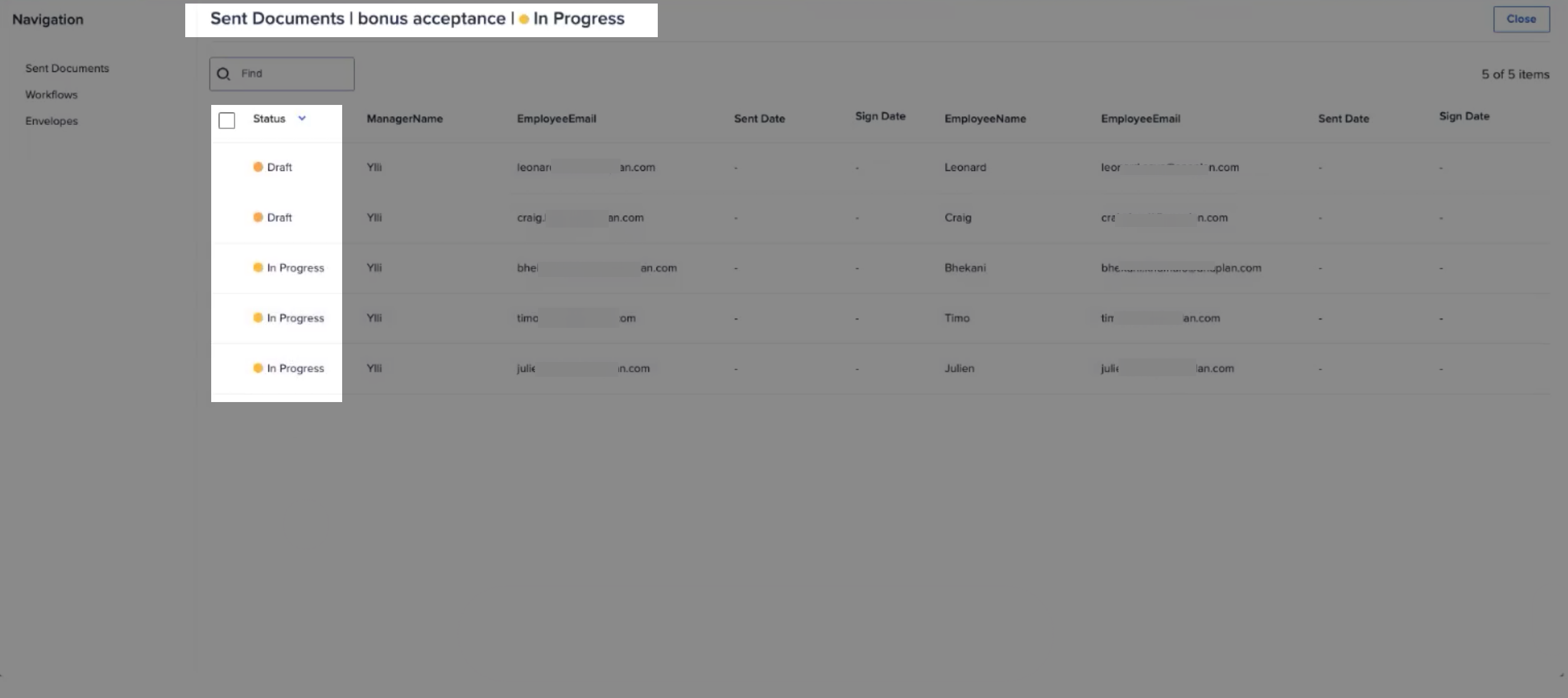 Dialog for a workflow send in progress.