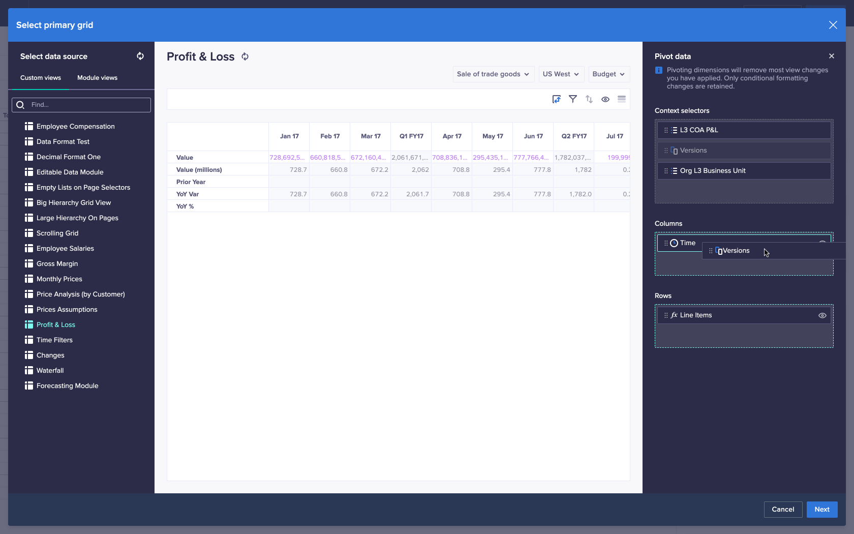 In the Pivot data panel on the right of the screen, the Versions dimension has been clicked and dragged to over the Time dimension in the Columns box. As such, the Time dimension is surrounded by a line, which indicates the two dimensions will be swapped when unclicked.