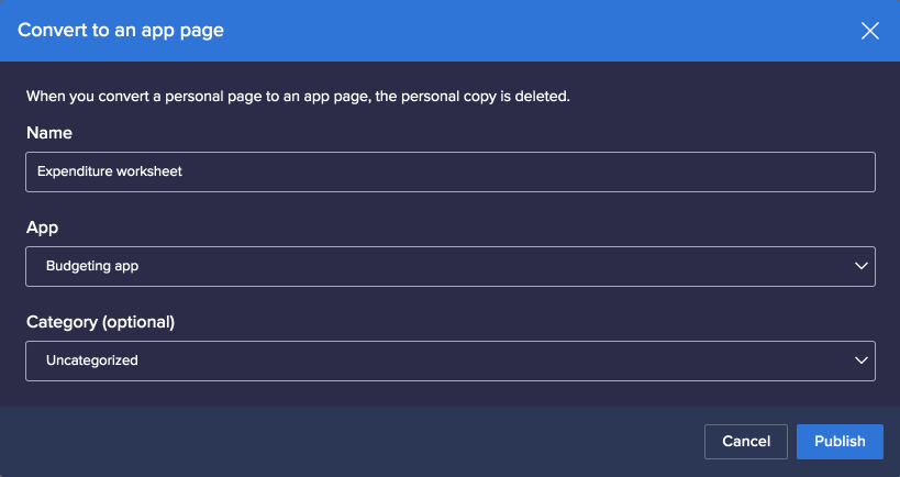 Convert to an app page dialog. Name, App, and Category fields are displayed.