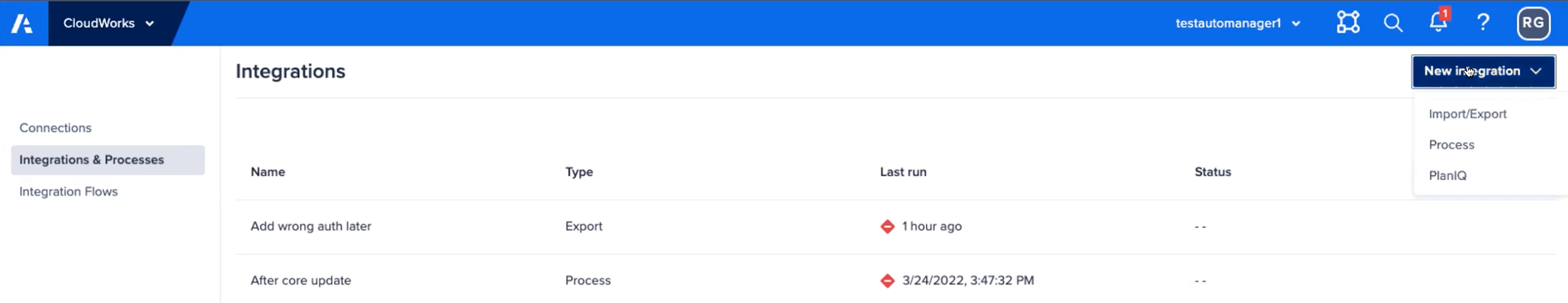 The New integration dropdown menu with Import/Export, Process and PlanIQ as the choices.