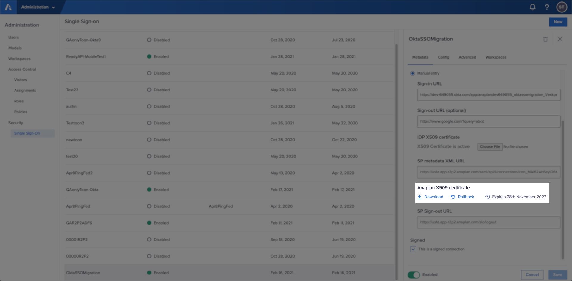 The Metadata tab in Single Sign-on with the Rollback link for Anaplan X509 certificate highlighted.  