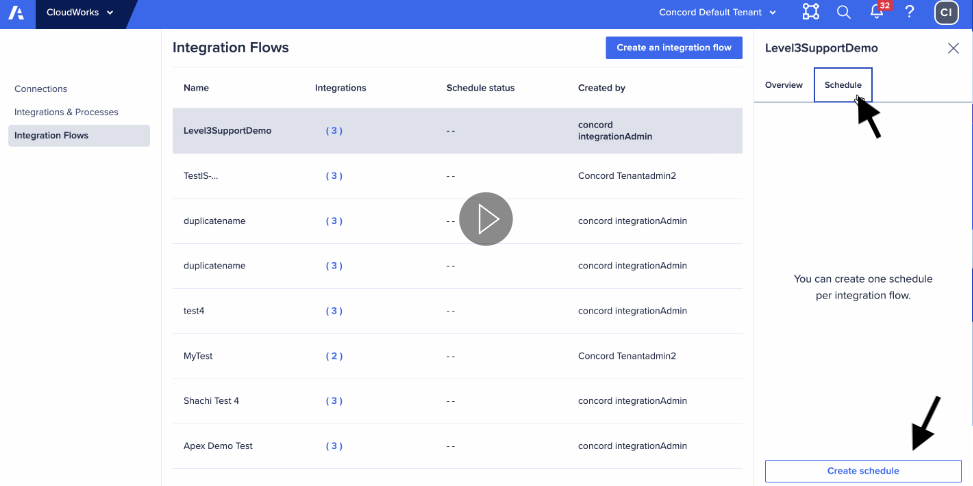 The inspector panel for an Integration flow. The schedule tab is selected and the Create schedule button is on the bottom right.