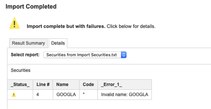 A screenshot that shows how the import has produced a failure shown in the Details tab.