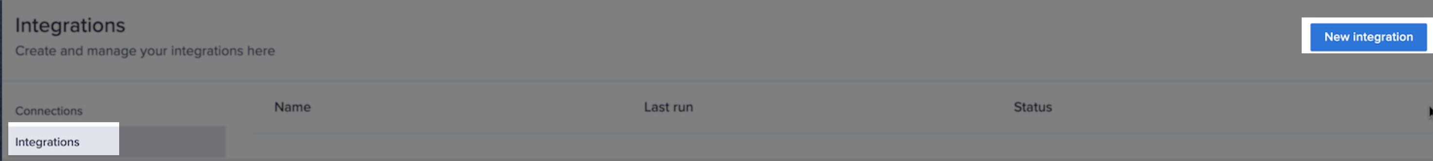 Integrations and thew New integration button.