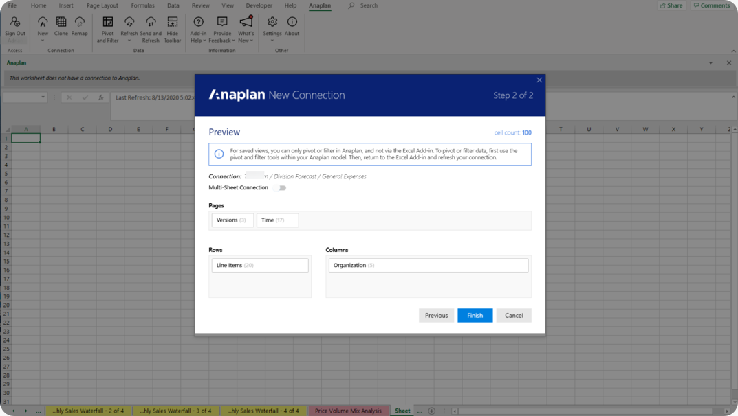 Preview dialog with pages, rows, and columns.