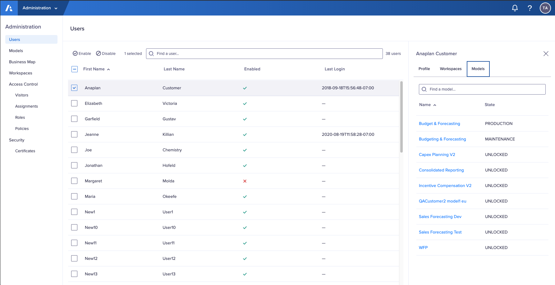 The Models tab in the Users interface. This displays a list of models to which the user account has access. A search box displays above the list.
