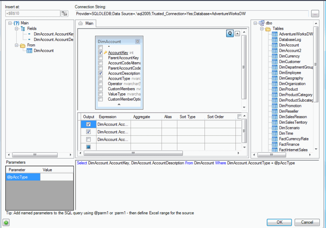 Parameter named @pAccType created in the Parameters grid