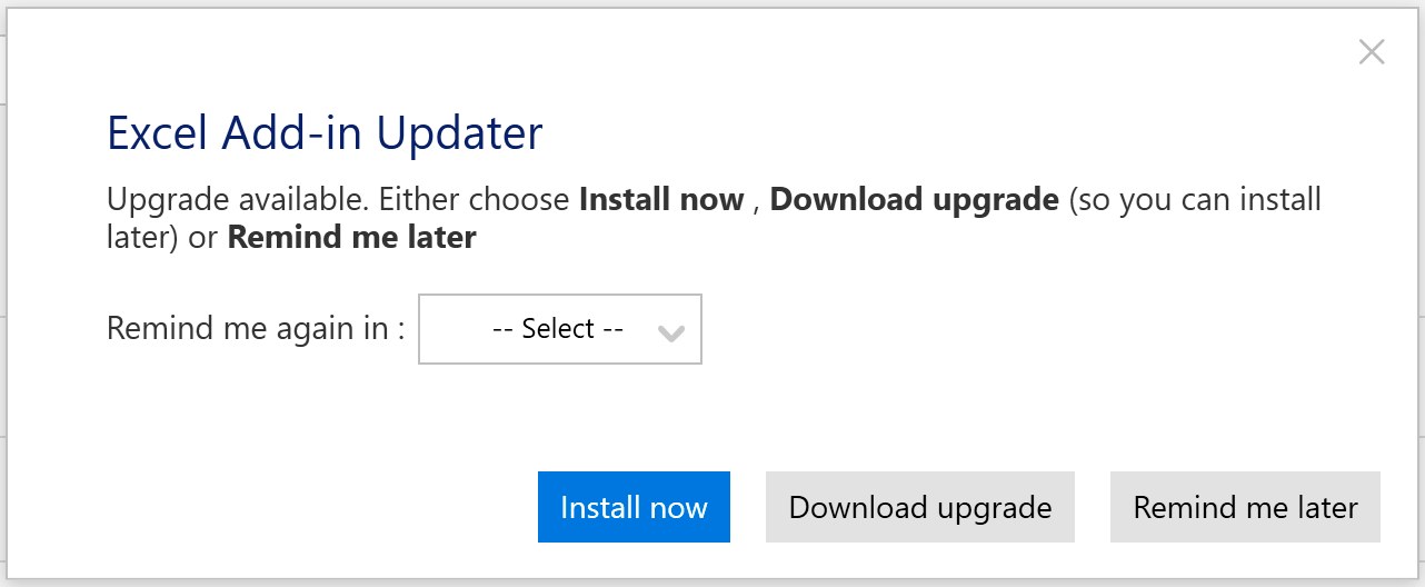The Excel Add-in Updater window, which displays when a new version of the add-in becomes available. 