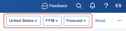 Top-right of a board, with the context selectors highlighted. The context selectors are: United States, FY18, and Forecast.