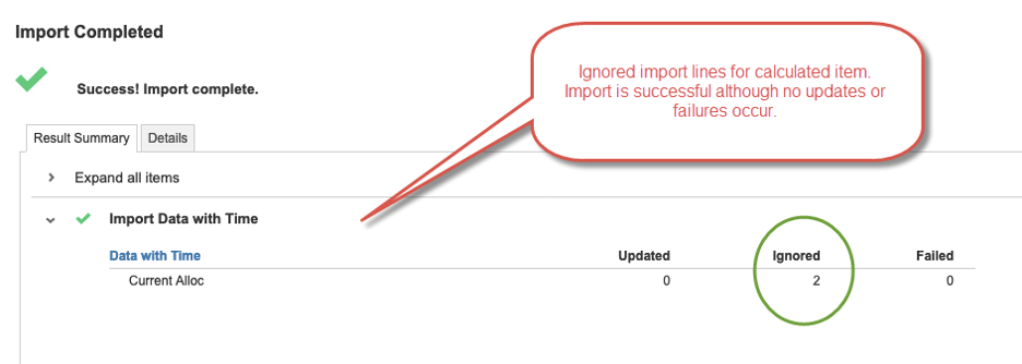 A screenshot that shows ignored import lines for the calculated item.