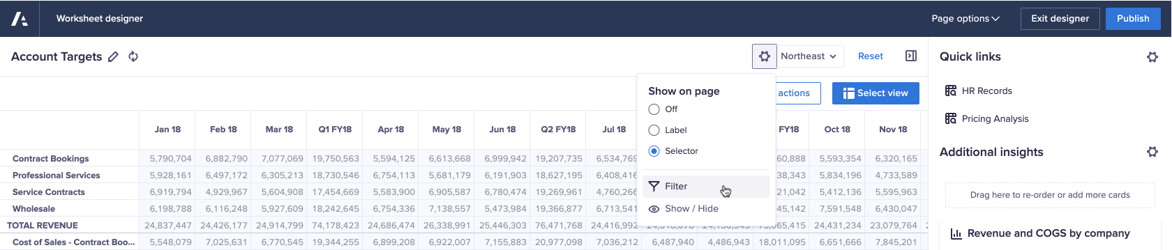 The cog icon to the left of a context selector has been clicked. A drop-down menu displaying radio buttons for Off, Label, Selector, and options for Filter and Show / Hide display.