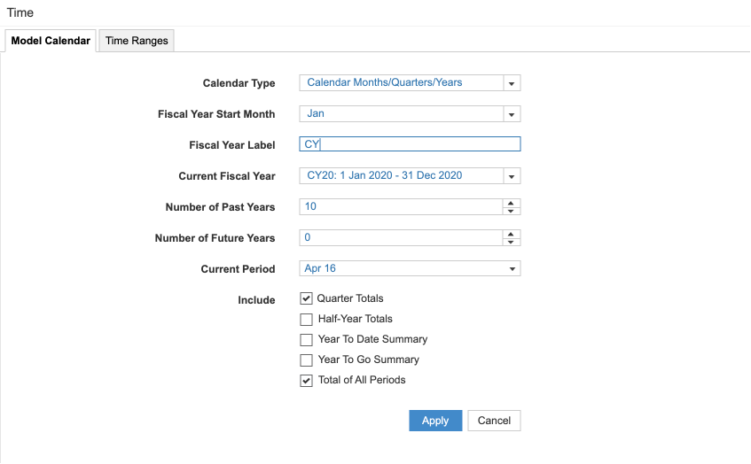 The Model Calendar, within Model Settings > Time. The Fiscal Year Label field is selected, and contains CY, instead of the default FY.