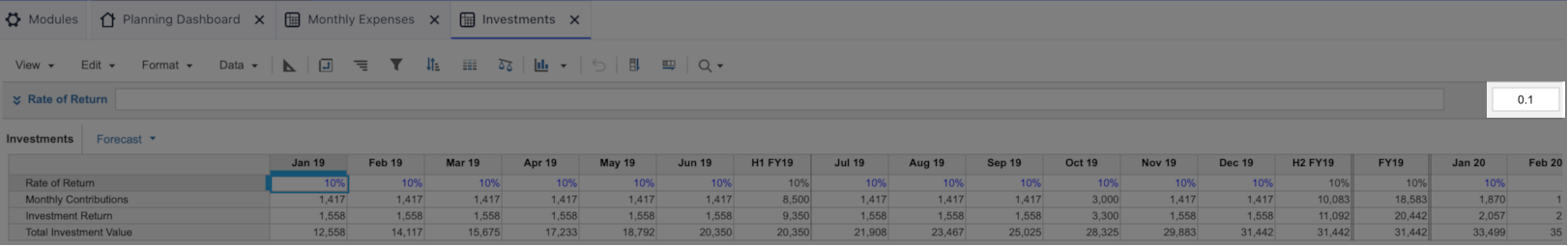 A module grid with the cell value details field highlighted on the right-hand side, next to the formula editor.