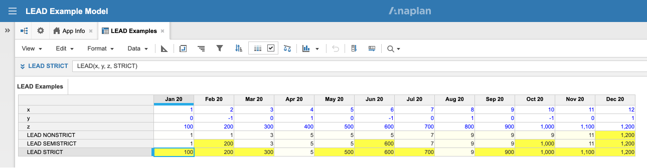 Three different LEAD formulas demonstrate the effect of the NONSTRICT, SEMISTRICT, and STRICT keywords. This results in a clear pattern, which is highlighted by conditional formatting.