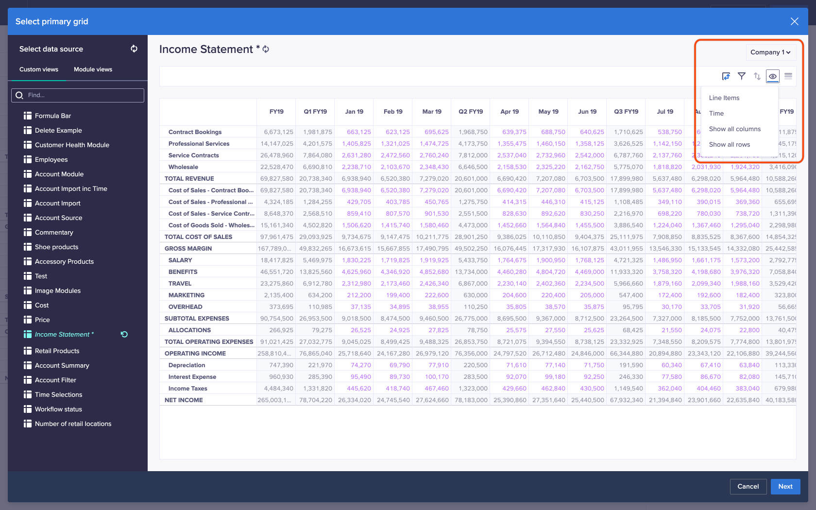 「Income Statement」というモジュールをベースにしたカスタム ビュー。目の形をした表示 / 非表示アイコンが画面右上でクリックされており、ドロップダウンが表示されています。