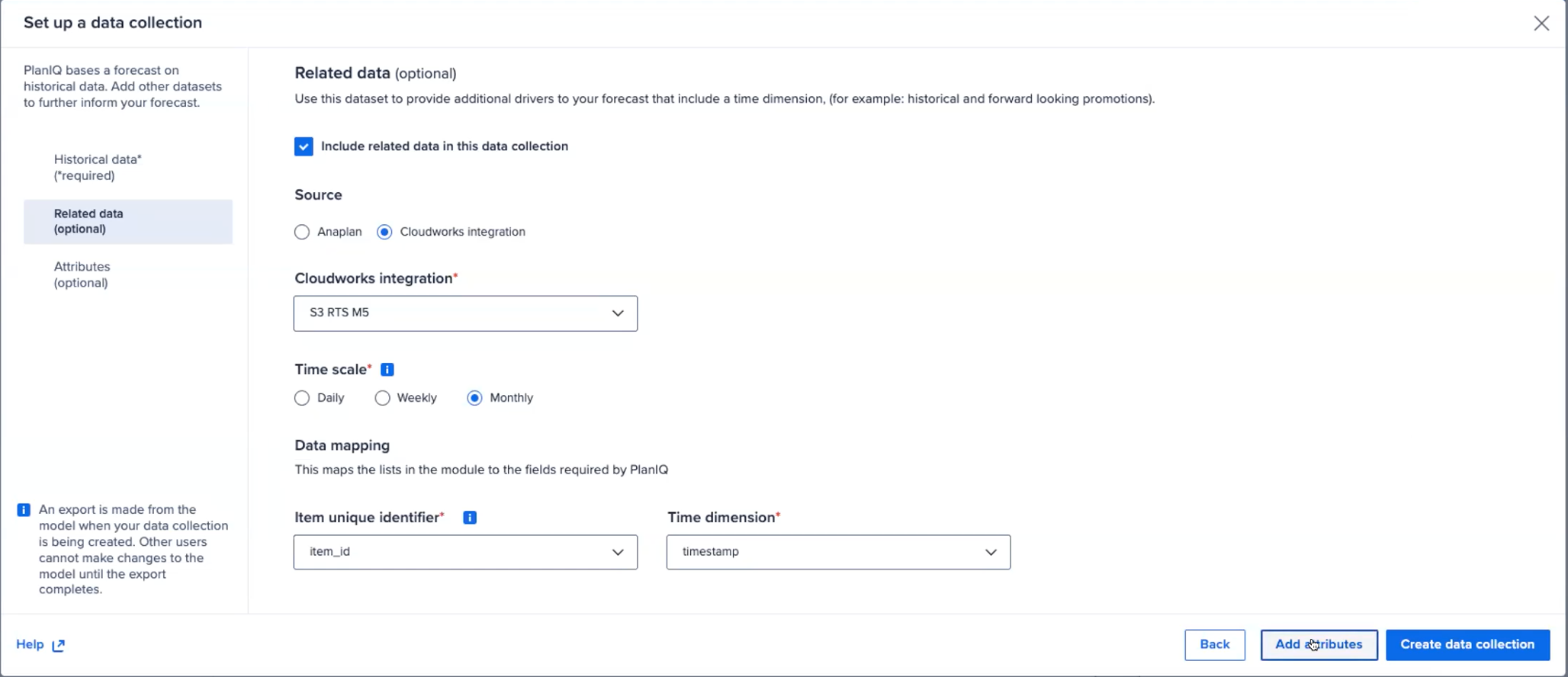 Example of a Plan IQ integration source, when you set up a data collection in PlanIQ, with optional related data.