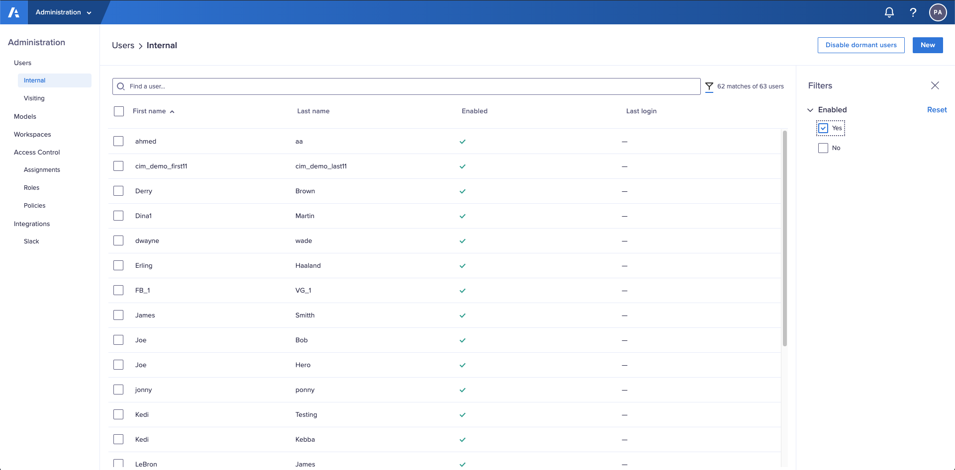 The filter functionality in Users > Internal. The display filters by users with an Enabled status.