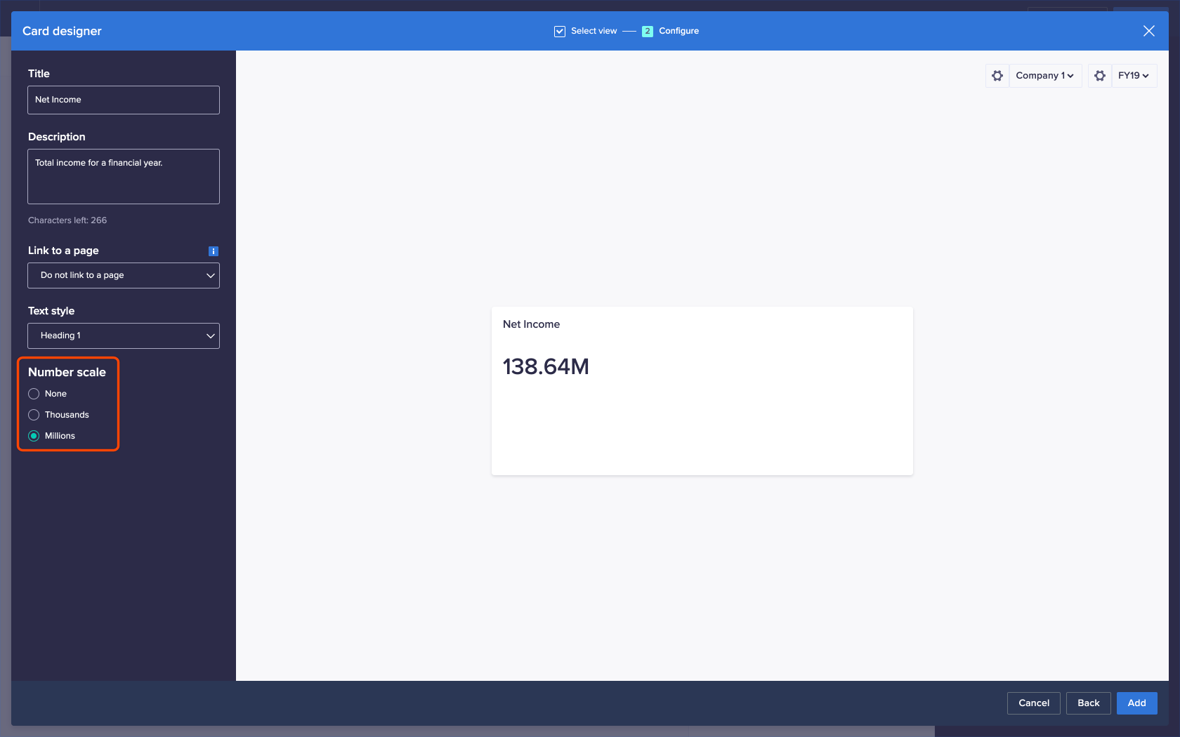 The card designer for a KPI card. The Millions radio button under the Number scale heading has been selected, meaning that the number has been turned to a suitable decimal followed by the letter M.