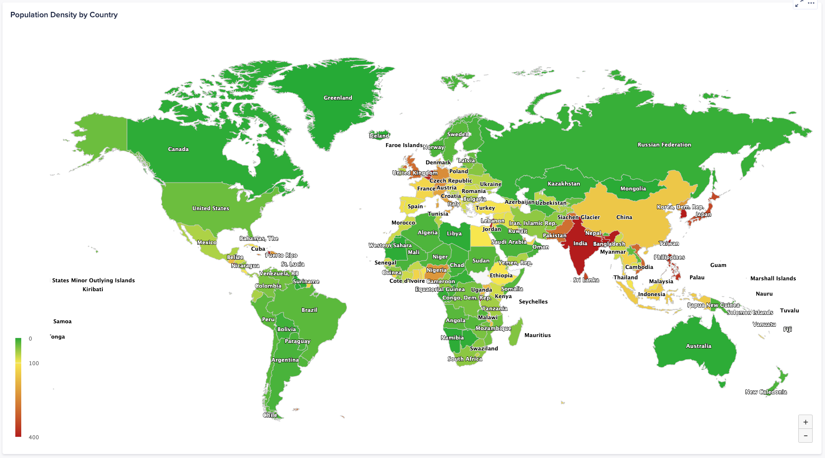 A map chart of the world, with conditional formatting highlighting countries according to population density