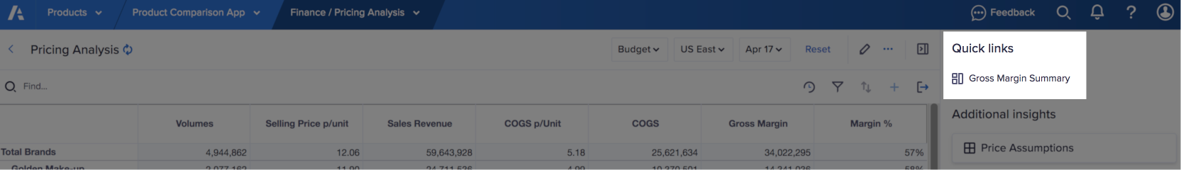 A worksheet with Quick Links highlighted in the Insights panel on the right.