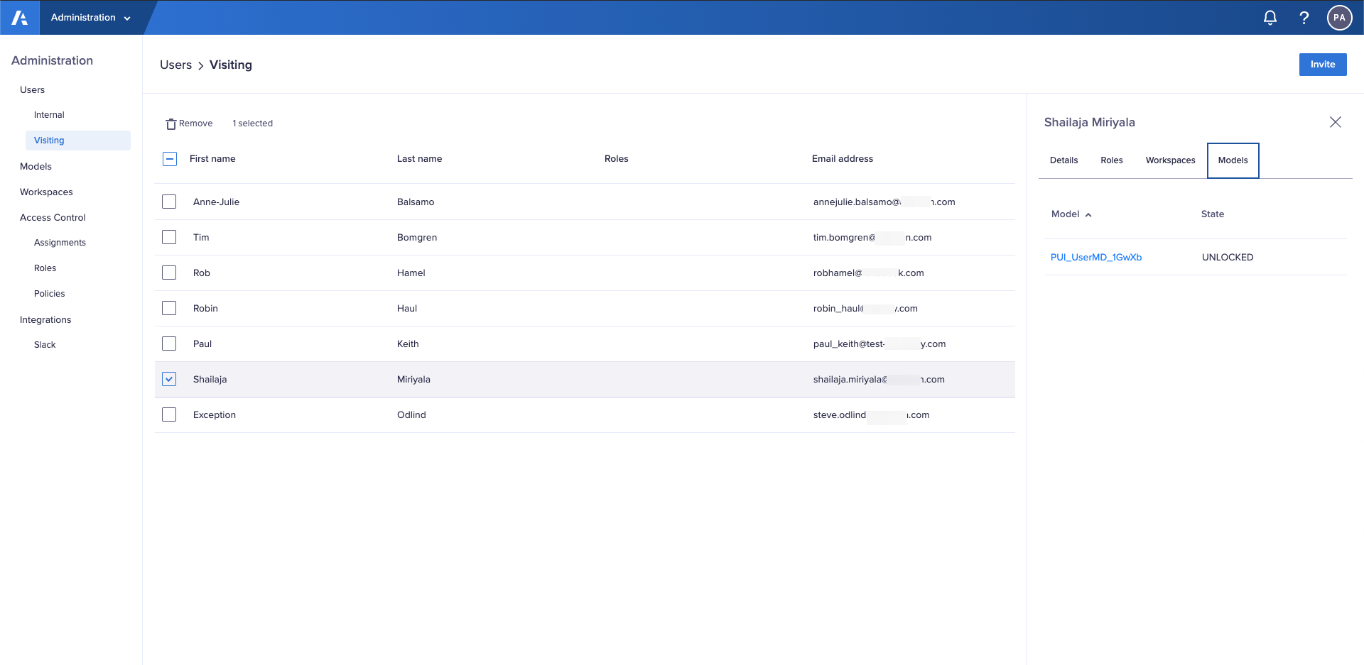 The Models tab in the Using > Visitors interface in the Administration console.