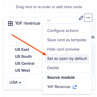 Grid card on a worksheet in designer mode. The More actions dropdown has been selected. The Set as open by default option is highlighted.