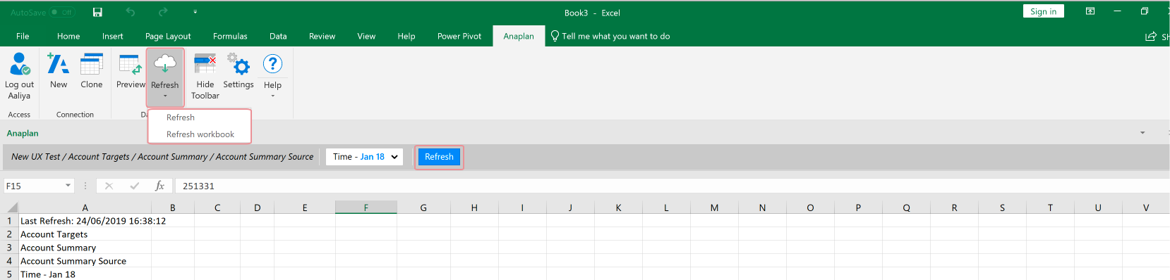 Click the Refresh button to display a drop-down list. Click Refresh to refresh the connection to your current spreadsheet or click Refresh workbook to refresh your whole workbook.