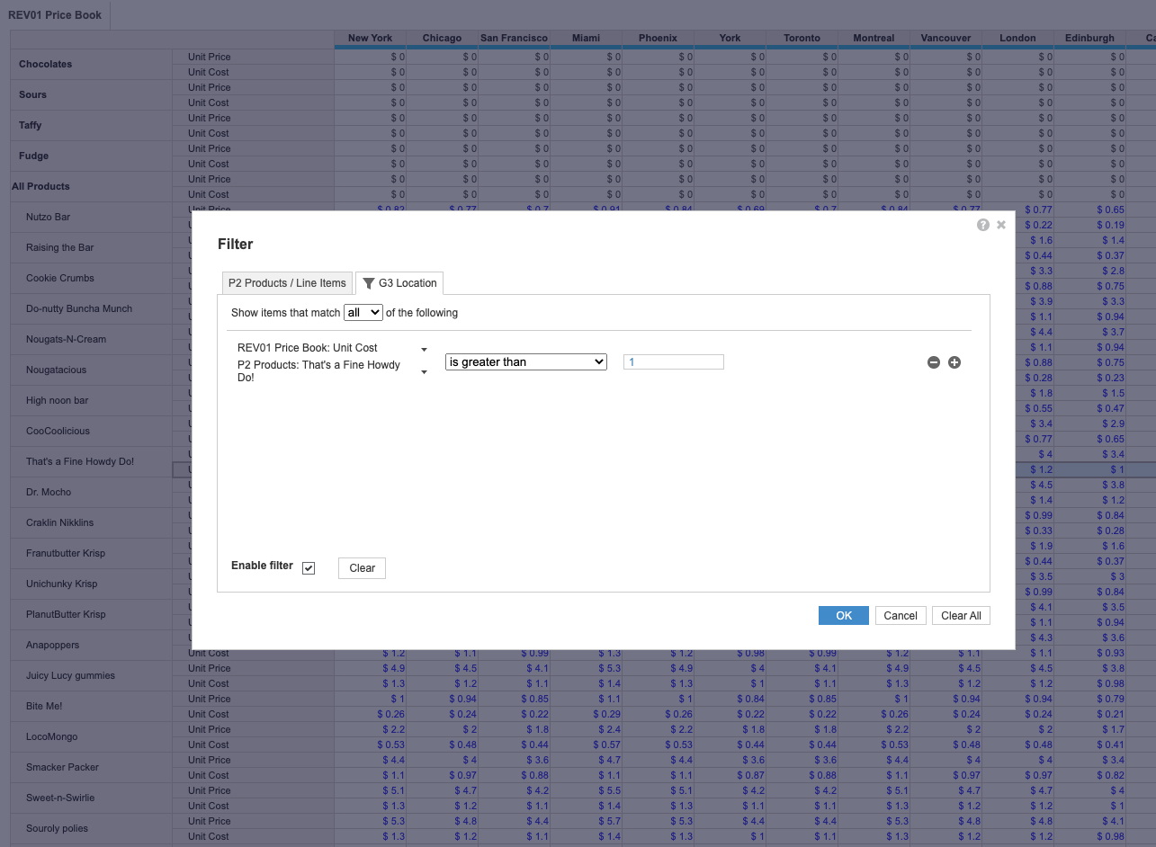 An example showing a filter applied to the module Price Book with Location and Products as dimensions, and Unit Cost and Unit Price as line items.