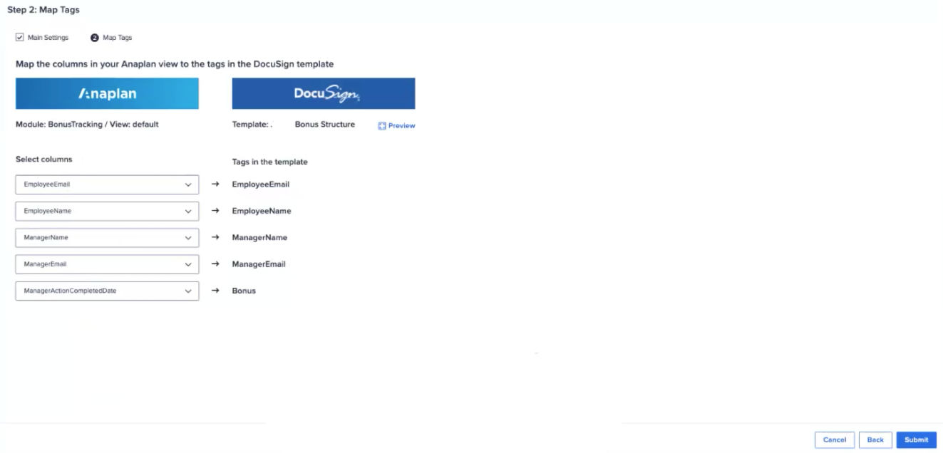 Map the Anaplan module columns and the DocuSign tags.