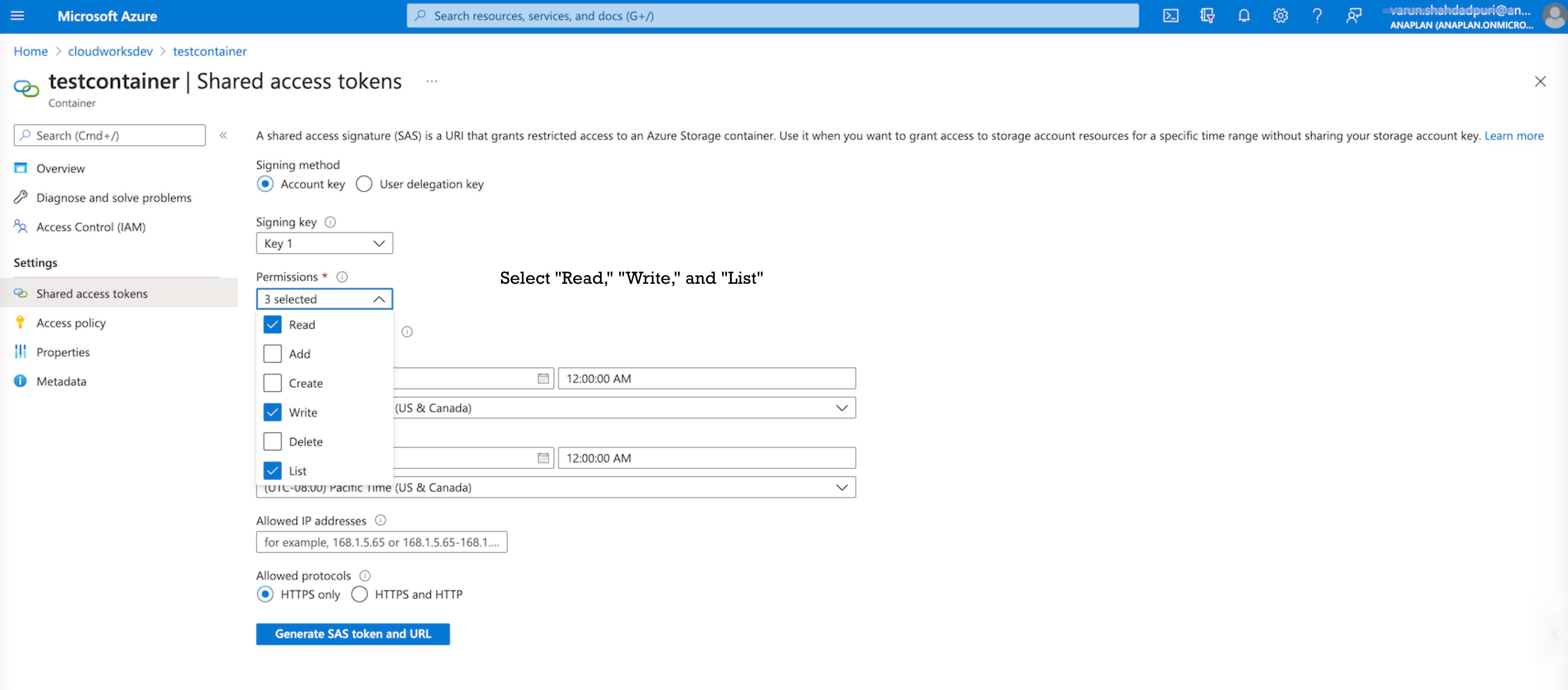 SAS permissions Read, Write, and List selected.