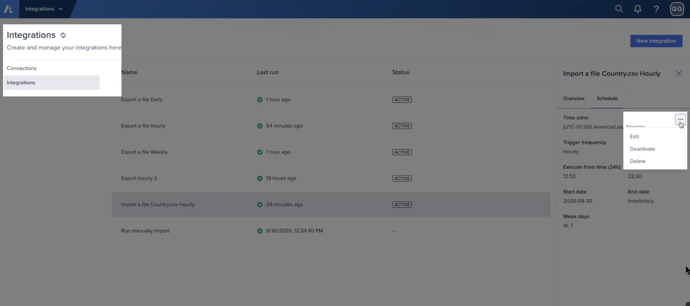 Menu for integration schedule.