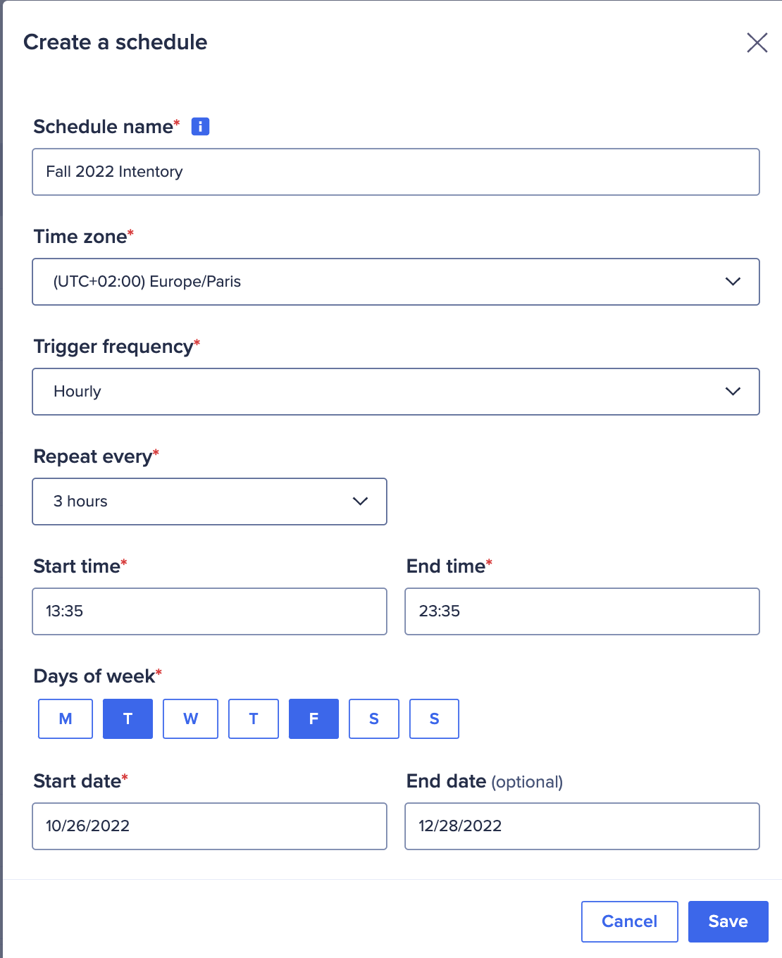 Dialog to create an integration schedule. The trigger frequency is set to hourly in this example.