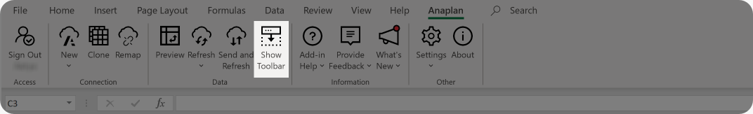 The toolbar enables you to change your context selection for your connection. Click Refresh each time you make a change.