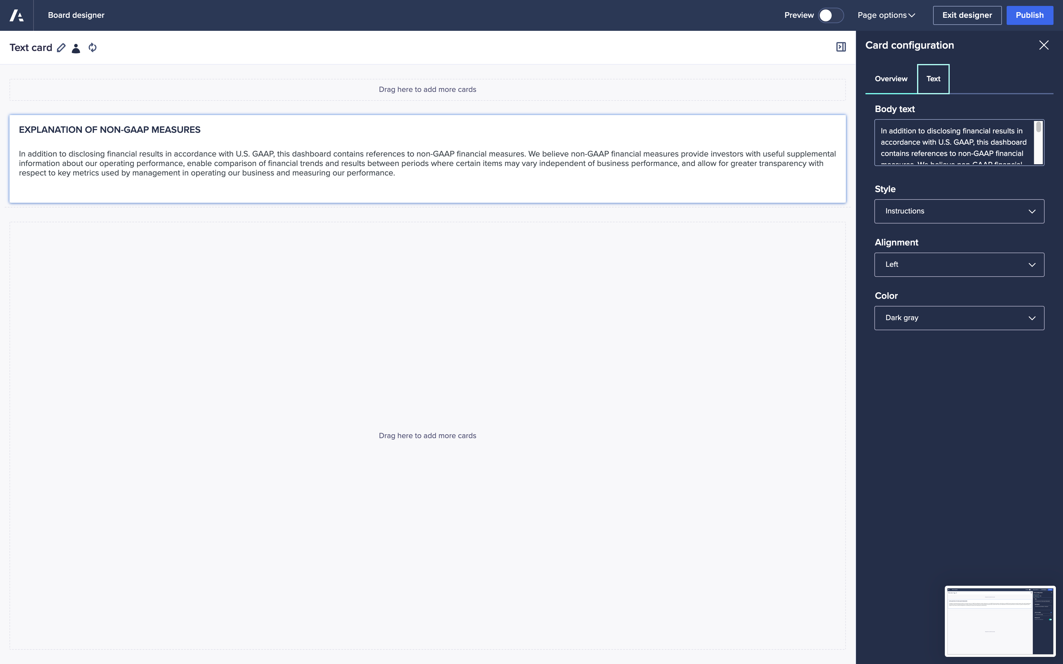 The right-hand configuration panel displays the configuration options for a text card