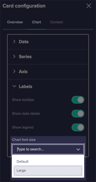 A chart is selected in the main view and the right-hand configuration panel displays the Chart font size dropdown where you can select font size