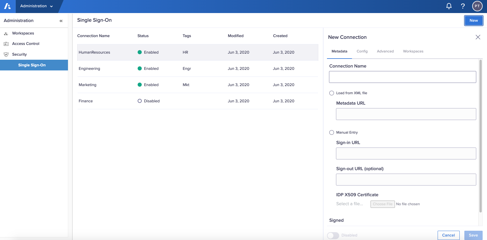 The New Connection panel in Single Sign-On.  The values in this panel are not defined and the connector is not enabled.