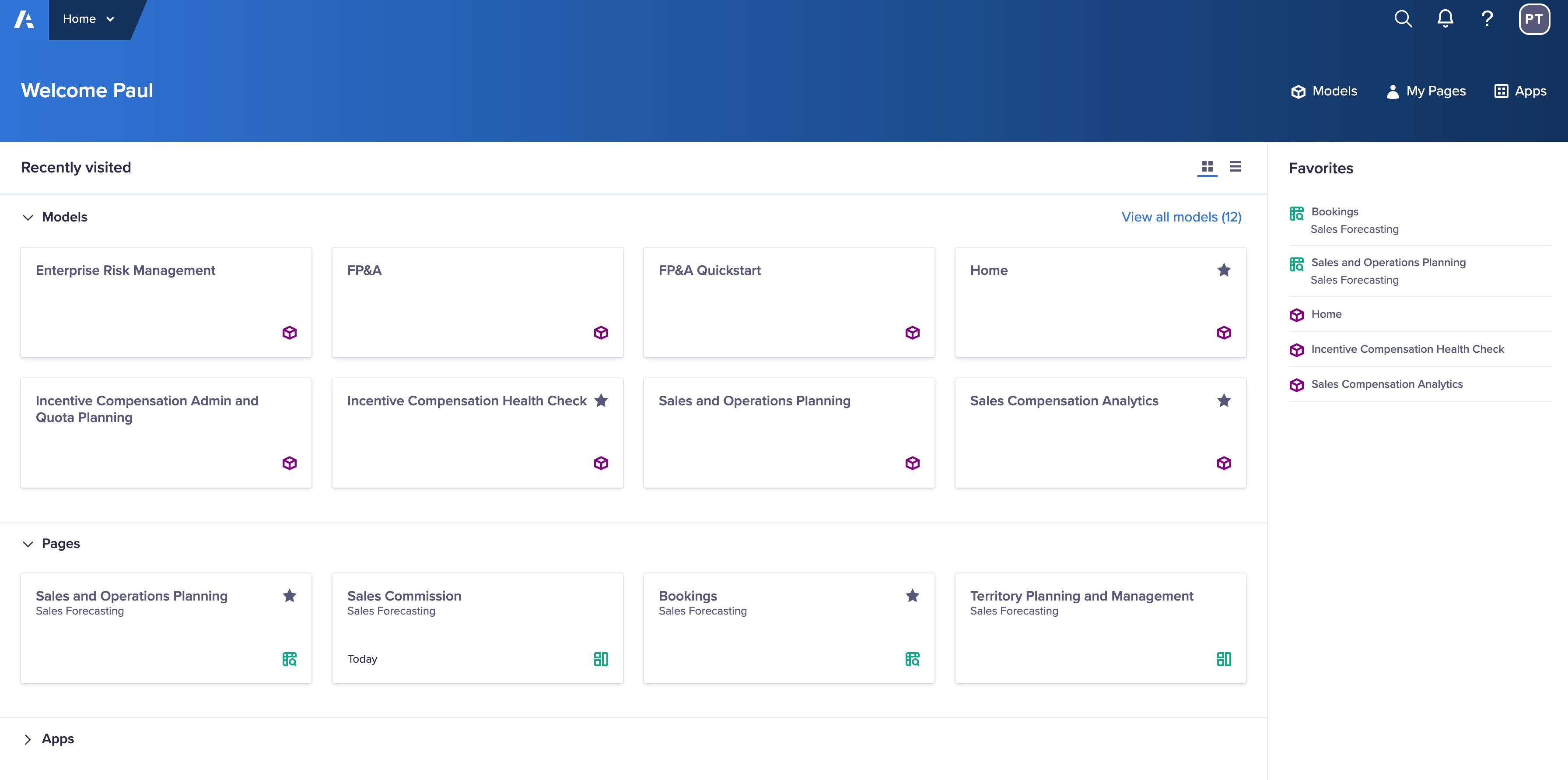 The Anaplan Home page, showing links to models, My Pages, and apps. The Favorites panel displays on the right.