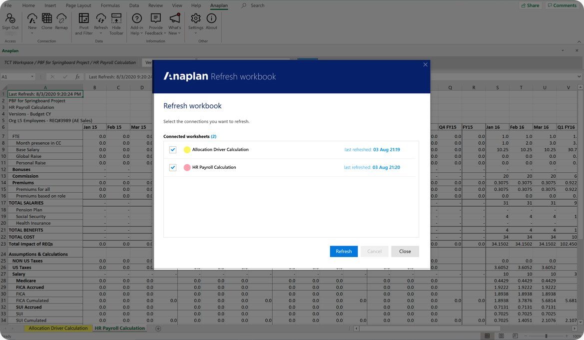 Refresh workbook dialog.