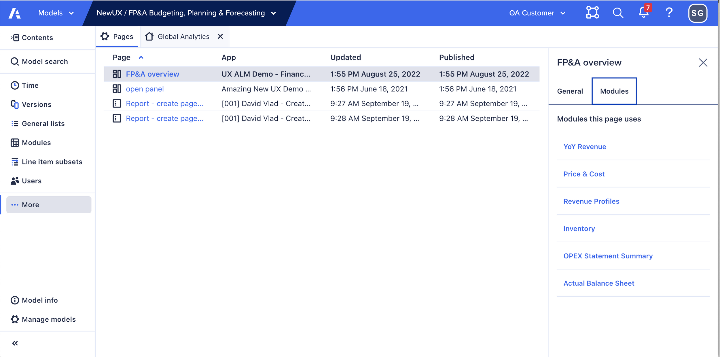Image showing new modules tab in the right-hand panel of the pages interface.