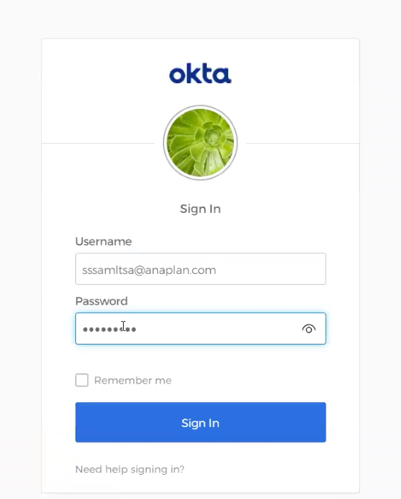 Sign In dialog for Okta. Okta is one example of a likely identity management tool.