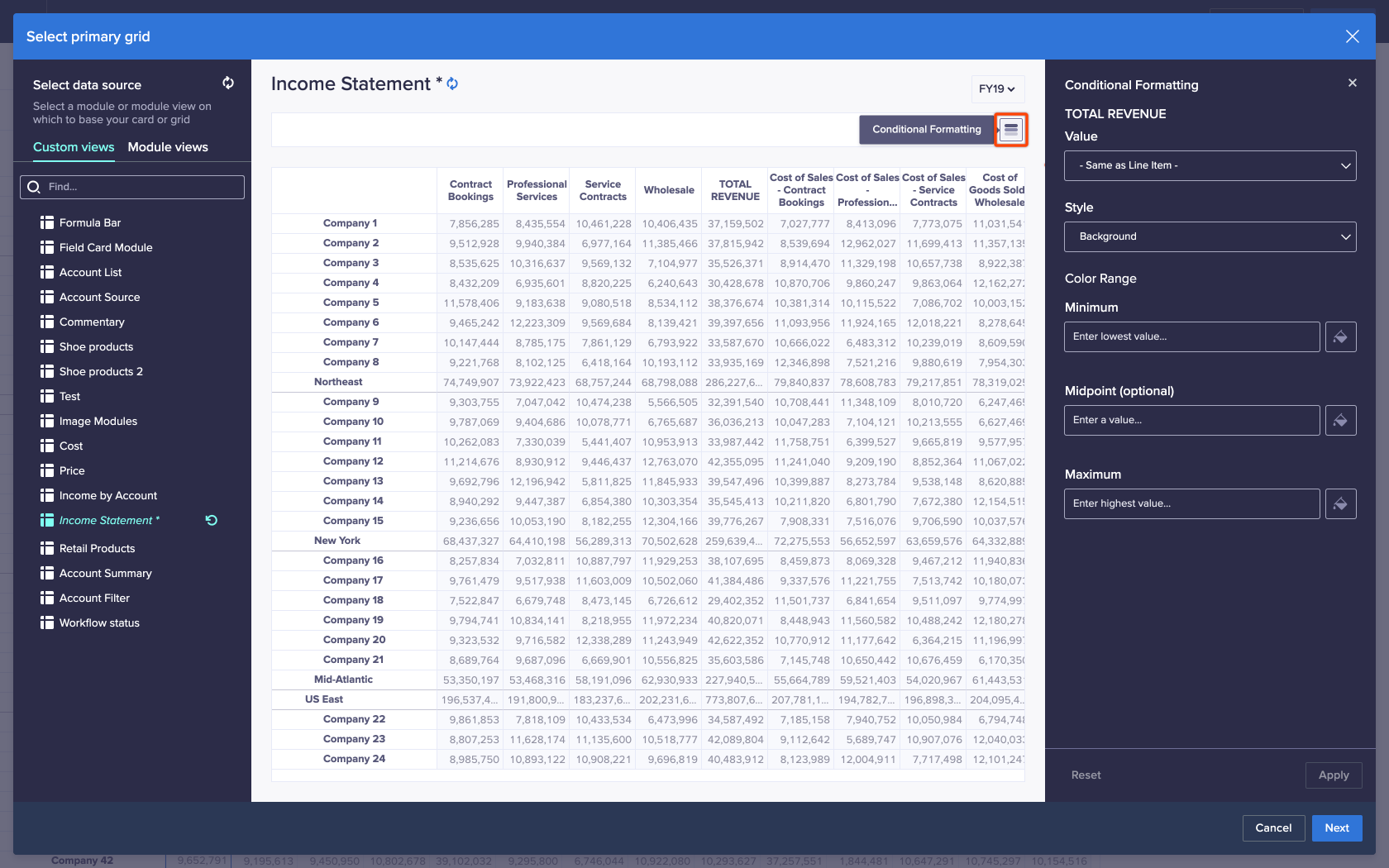 The Select primary grid dialog. The Conditional formatting icon is highlighted in red to the top-right of the worksheet. The Conditional formatting panel that displays when you click the icon is visible.