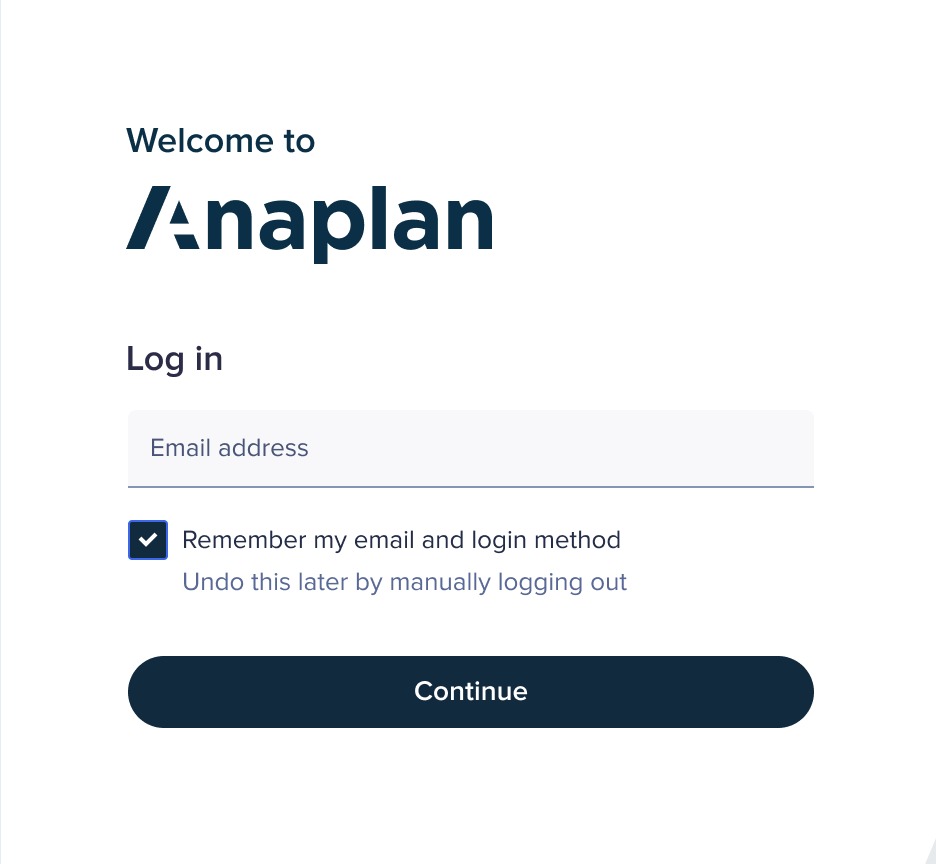 The login screen where you enter your Anaplan account email address.