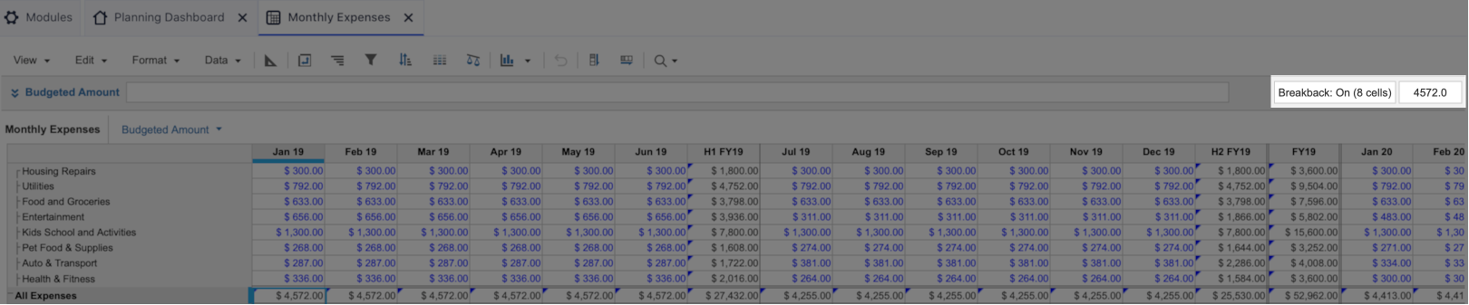 A grid with a cell to which Breakback applies is selected. Above the grid on the right, the Breakback field displays, with the cell value details field to its right.