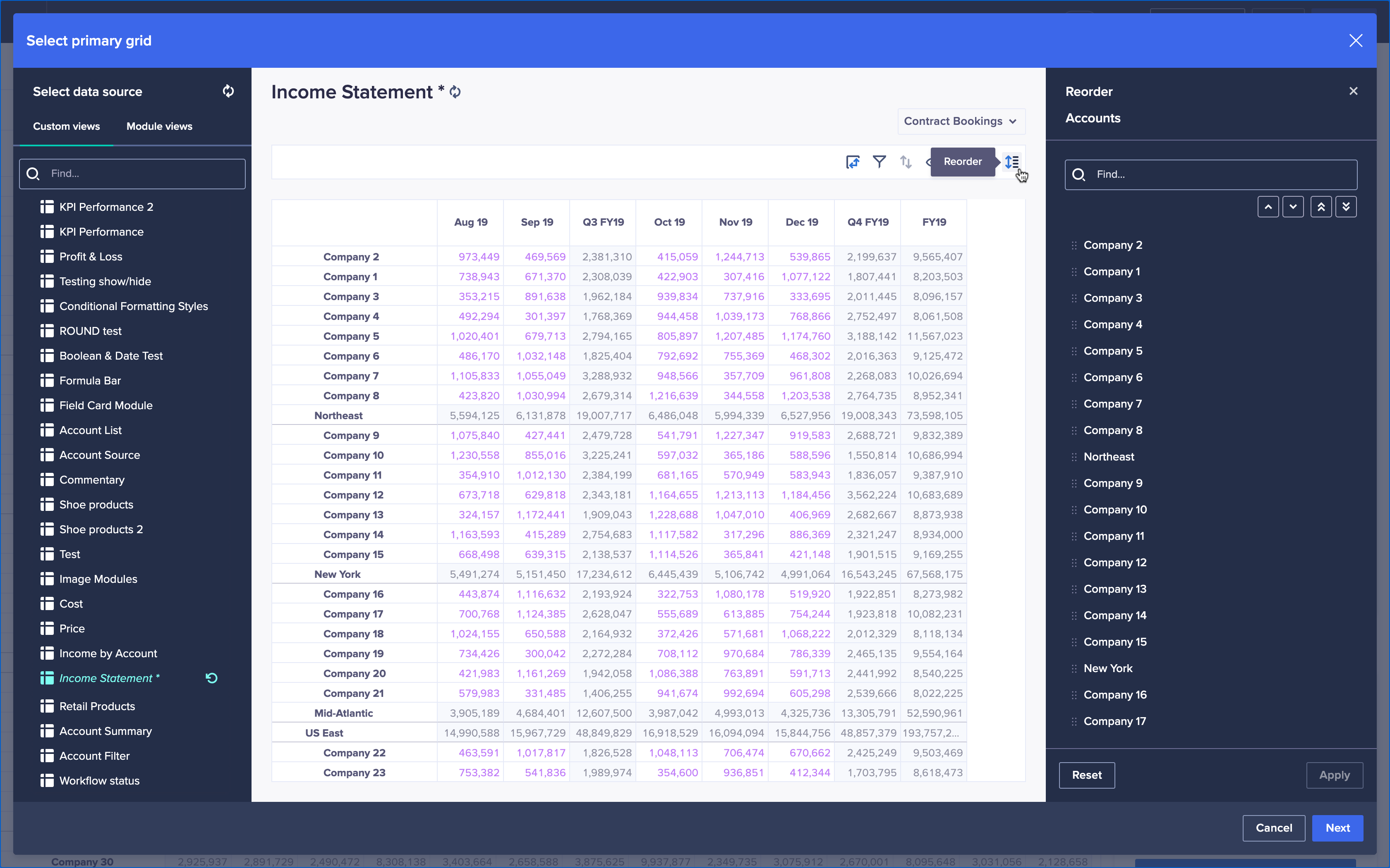 The Select primary grid dialog with a Custom view named Income Statement open. The mouse icon is hovered over the Reorder icon in the toolbar to the top-right of the grid, and the Reorder panel displays on the right of the screen.